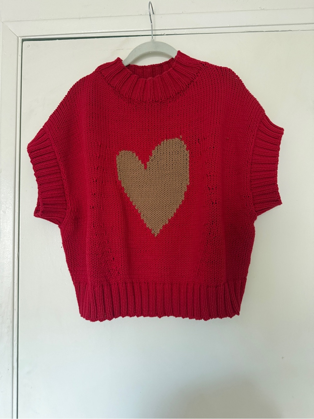 Maeve Red Knit Crewneck Sweater with Tan Heart